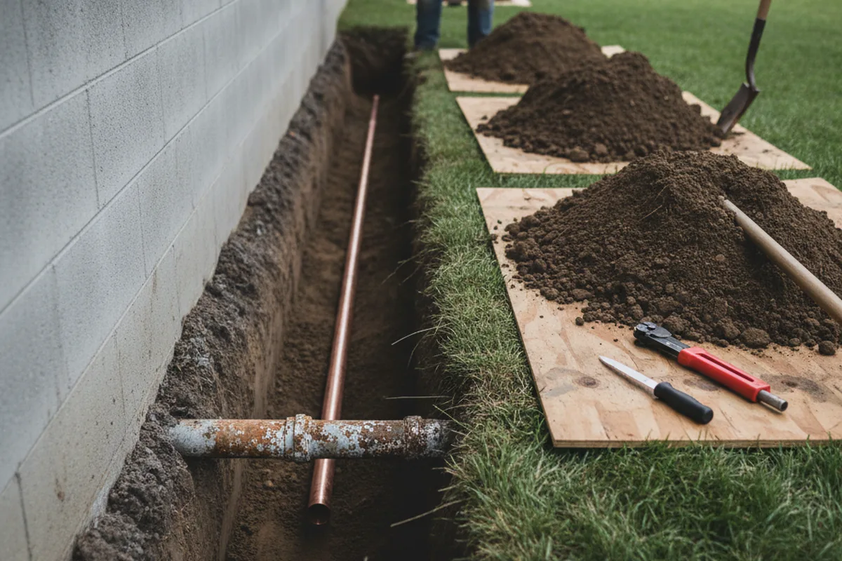 Excavated water line trench during Sewer Line Repair in Westfield